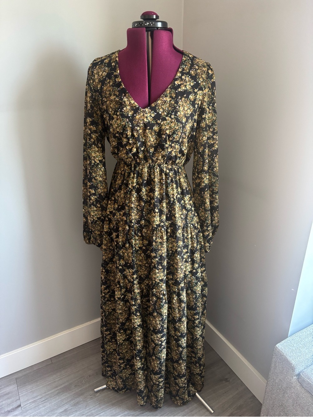 mittoshop Black Maxi Dress with Gold Floral Print